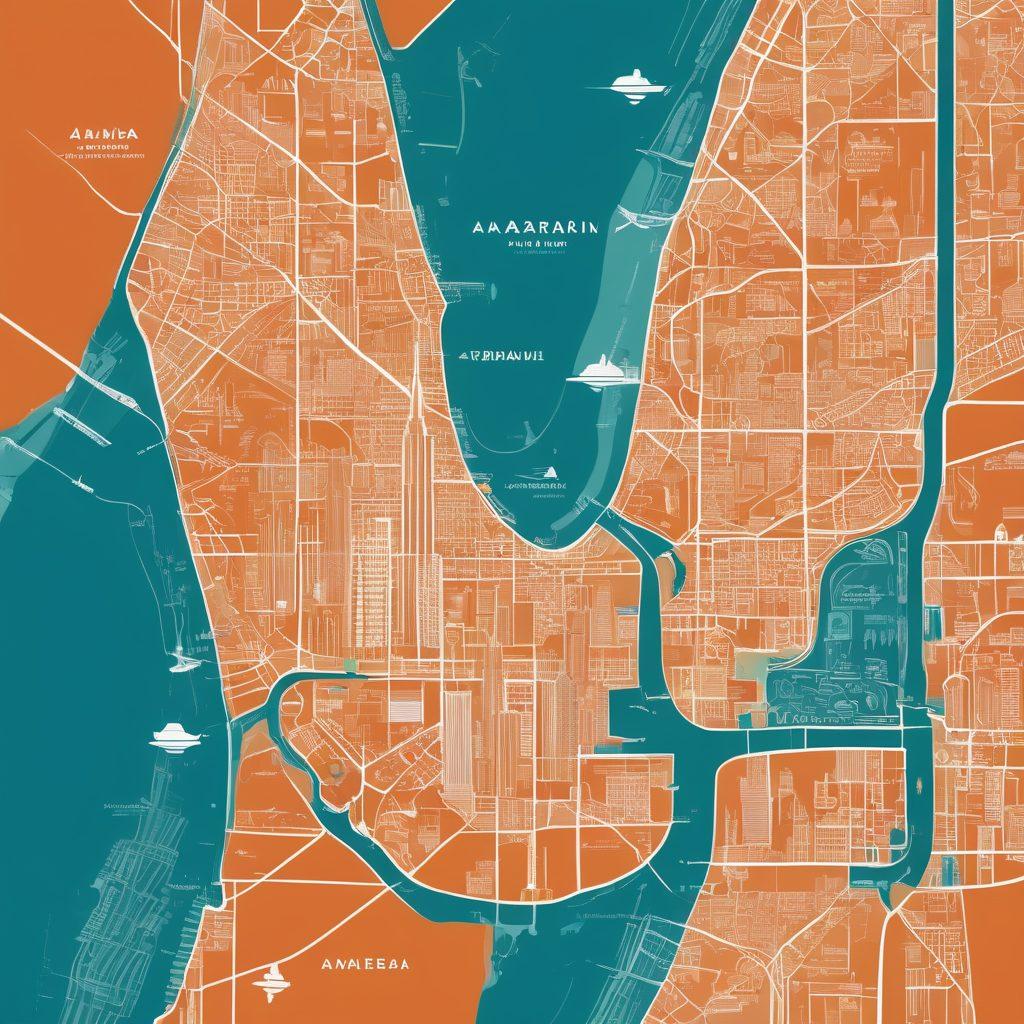 An intricate map intertwining various landmarks and features representing the Arab American community, such as traditional motifs and modern skyscrapers, symbolizing startups. Surrounding the map are diverse professionals engaged in discussions, illustrating collaboration and innovation. A warm color palette to evoke a sense of community and growth. vector art. vibrant colors.